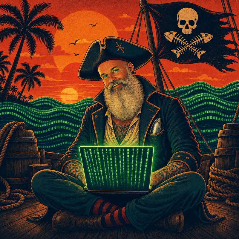 Der Kapitän: bärtiger Pirat mit Dreispitz, im Schneidersitz an Deck, einen leuchtenden Laptop auf dem Schoß, dahinter Piratenflagge und Sonnenuntergang