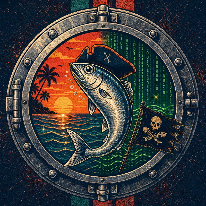 Die Silver Sardine: eine silbrige Sardine mit Piraten-Dreispitz, springend vor Sonnenuntergang am Meer, Palme und herabfallendem Binärcode, daneben eine Piratenflagge mit Totenkopf und Fischgräten – gerahmt von einem Schiffs-Bullauge